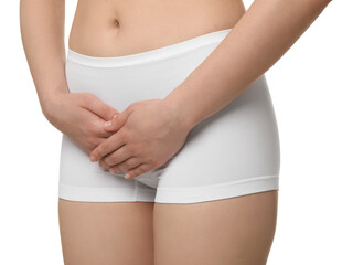 Woman suffering from cystitis on white background, closeup