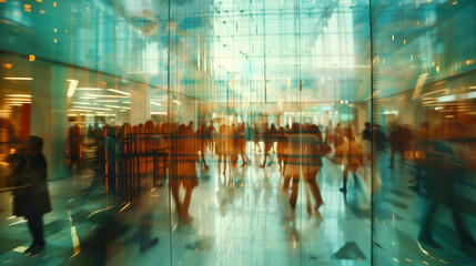 Abstract Blurred Mall Crowd Scene. Blurred crowd walking in a modern shopping mall, suitable for business and urban themes.
