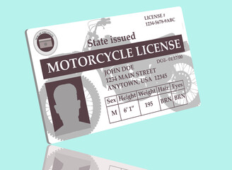 A mock, generic state issued motorcycle license for bike riders in seen isolated on the background in a 3-d illustration.