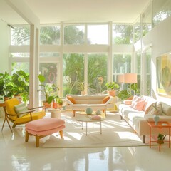 Fototapeta premium A bright and airy living room with pastel-colored furniture and large windows overlooking a lush garden. 