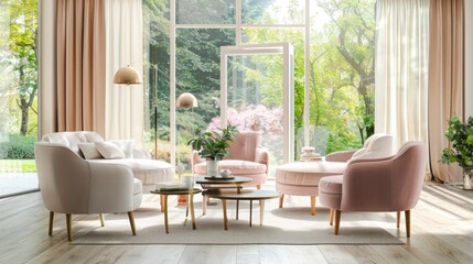A bright and airy living room with pastel-colored furniture and large windows overlooking a lush garden. 