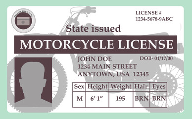 A mock, generic state issued motorcycle license for bike riders in seen isolated on the background...