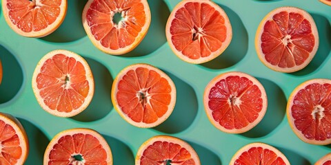 Fresh halved grapefruits on a vibrant blue background, perfect for food and nutrition concepts