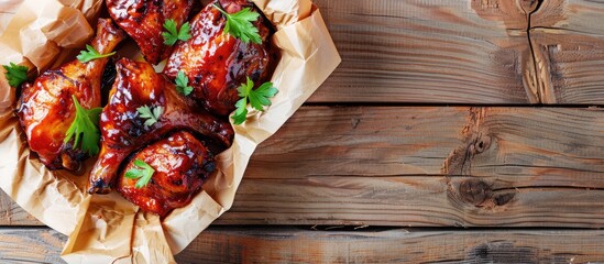 Food concept for a barbecue or BBQ party - Chicken barbecue or BBQ close-up in a paper tray with a...