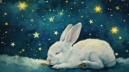 A peaceful image of a white rabbit resting in the grass, suitable for nature and animal themes