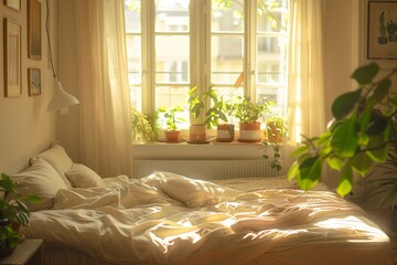 Cozy bedroom bathed in morning sunlight