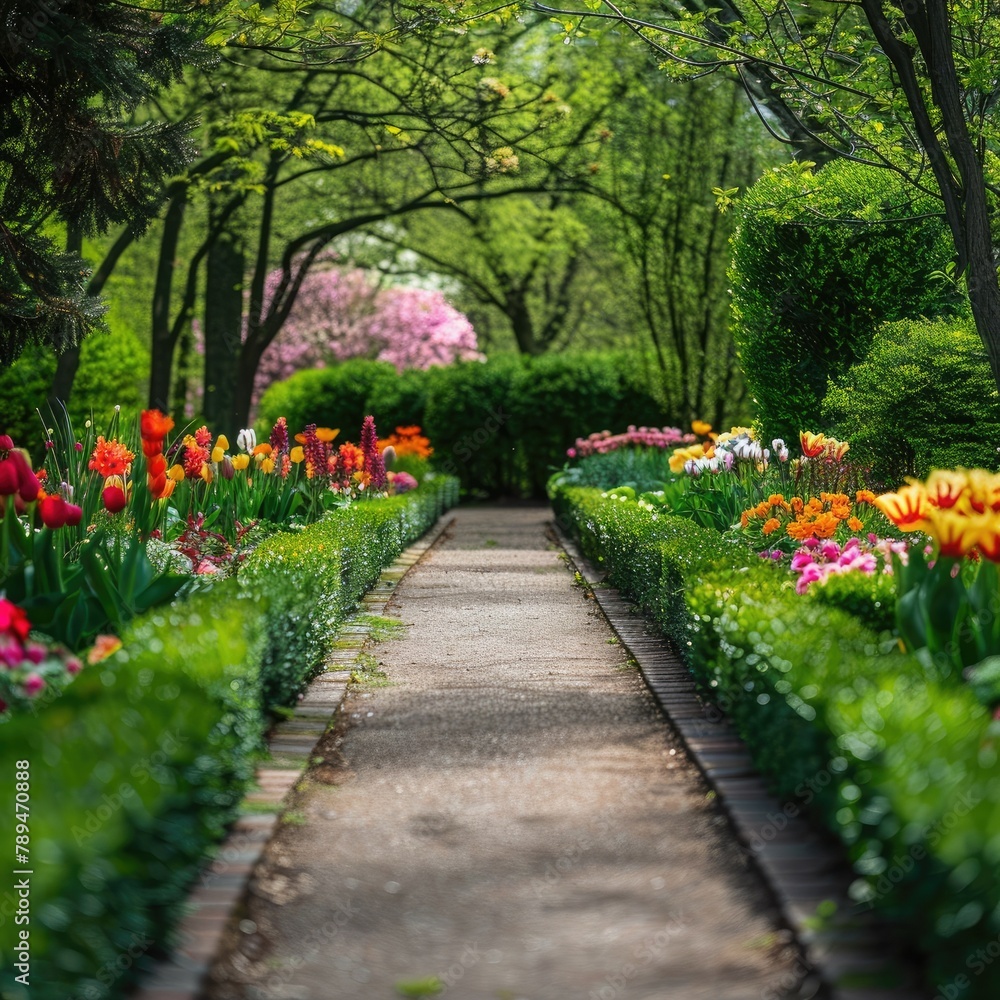 Poster A serene garden path lined with colorful spring flowers and neatly trimmed hedges, inviting exploration. 