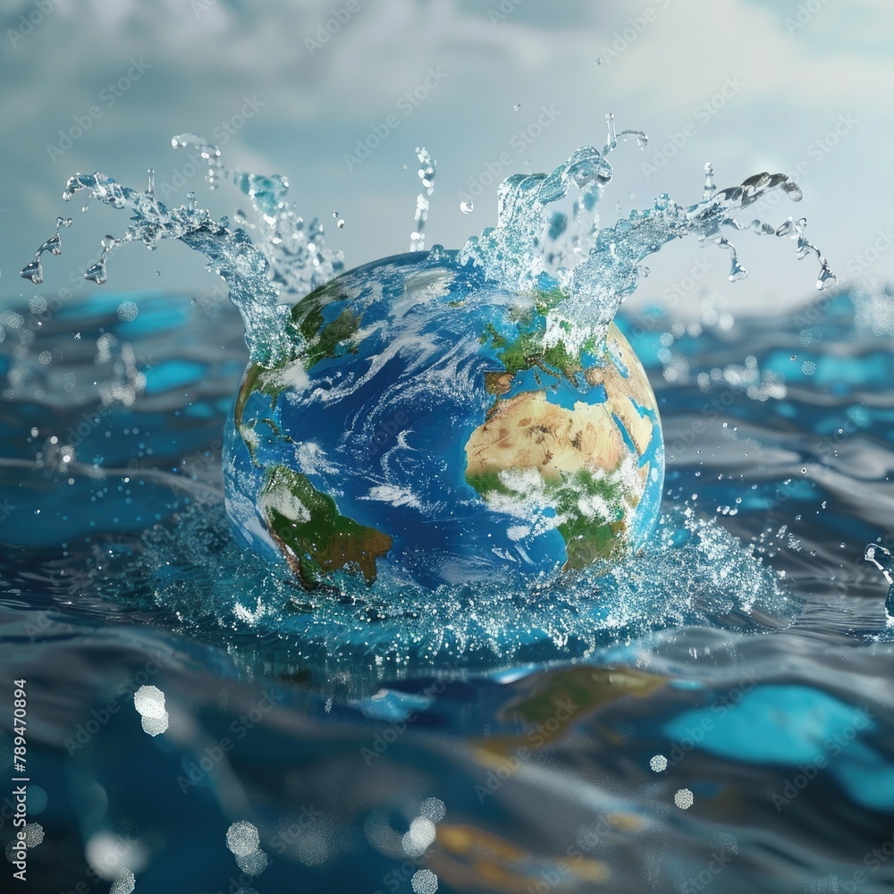 Poster 3D render of a globe surrounded by flowing water to signify the importance of World Water Day. 