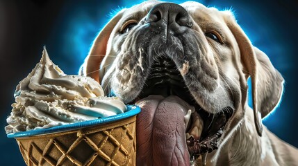 A playful ice cream puppy licks at a cone of vanilla ice cream, its floppy ears drooping with contentment - obrazy, fototapety, plakaty