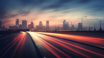 Long exposure photography highlights the bustling speed of urban highway traffic at dusk, car lights streaming into vibrant streaks