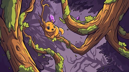 A playful squirrel hides its amethyst eggs among the branches of a towering redwood, their precious contents a secret treasure waiting to be discovered