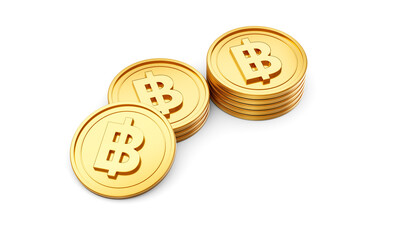 Obraz premium 3d Stack Of Golden Thailand Baht Coins Shiny Rounded Coins Stack On White Background 3d Illustration