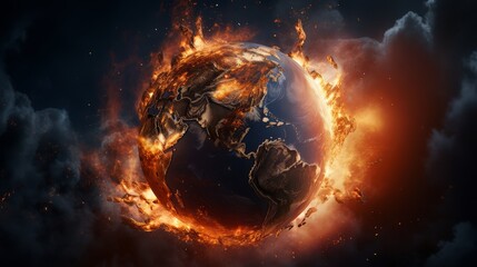 Earth as a burning globe, its form carbonized and disintegrating under intense fire, set against embers in a dramatic illustration of global warming