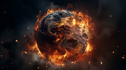 Earth as a burning globe, its form carbonized and disintegrating under intense fire, set against embers in a dramatic illustration of global warming - obrazy, fototapety, plakaty