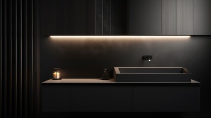 Elegantly simple black bathroom cabinet, designed in a minimalist black and white style with symmetrical balance and bright linear lighting effects, creating a modern, high-end look in AI art - obrazy, fototapety, plakaty