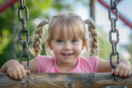 a happy little girl playing on the playground, wearing a pink top with blonde hair in pigtails, climbing on a frame with chains and wooden beams