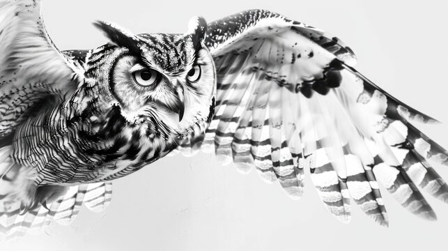 A striking black and white image of an owl in mid-flight. Ideal for nature and wildlife themes