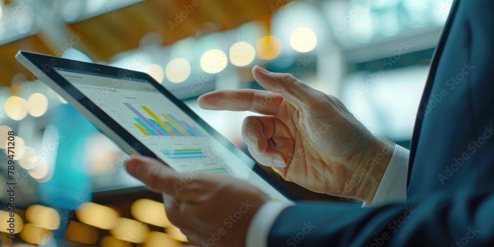 Poster A businessman using a digital tablet to showcase data during a presentation. 