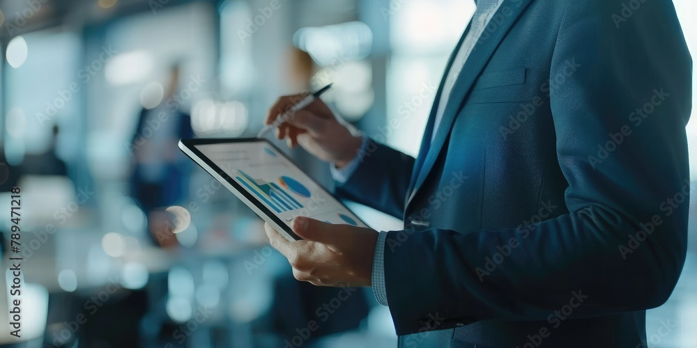 Poster A businessman using a digital tablet to showcase data during a presentation. 