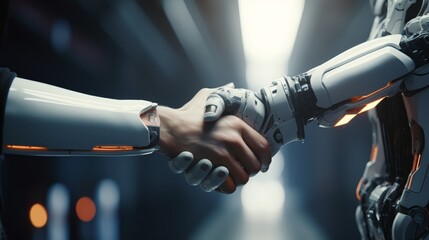Futuristic handshake between human and robotic hands in a high-tech lab setting, showcasing the unity of biology and technology - obrazy, fototapety, plakaty