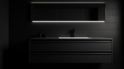 High-end black bathroom cabinet, elegantly simple in black and white, with dark tones and bright, linear lighting effects, a minimalist, symmetrical close-up rendered in photo-realistic