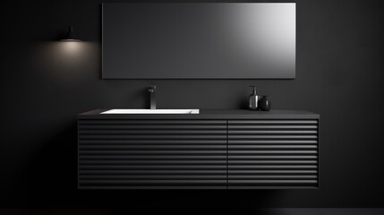 High-end black bathroom cabinet, elegantly simple in black and white, with dark tones and bright, linear lighting effects, a minimalist, symmetrical close-up rendered in photo-realistic