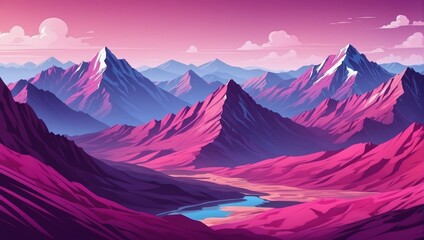 Landscape with magenta mountains. Mountainous terrain. Abstract nature background. Vector illustration. - obrazy, fototapety, plakaty