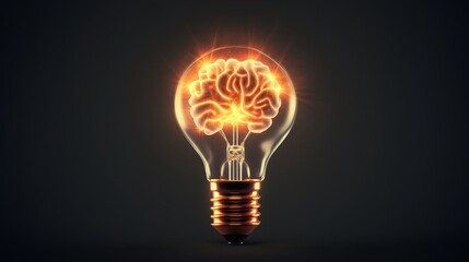 Illuminated brain-shaped filament bulb on a dark background, symbolizing the spark of innovation, creativity, and ideas