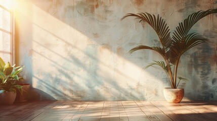 A room with a large plant in a vase and a window. The room is empty and has a minimalist feel