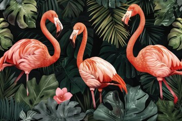 A group of flamingos standing together. Suitable for nature and wildlife themes