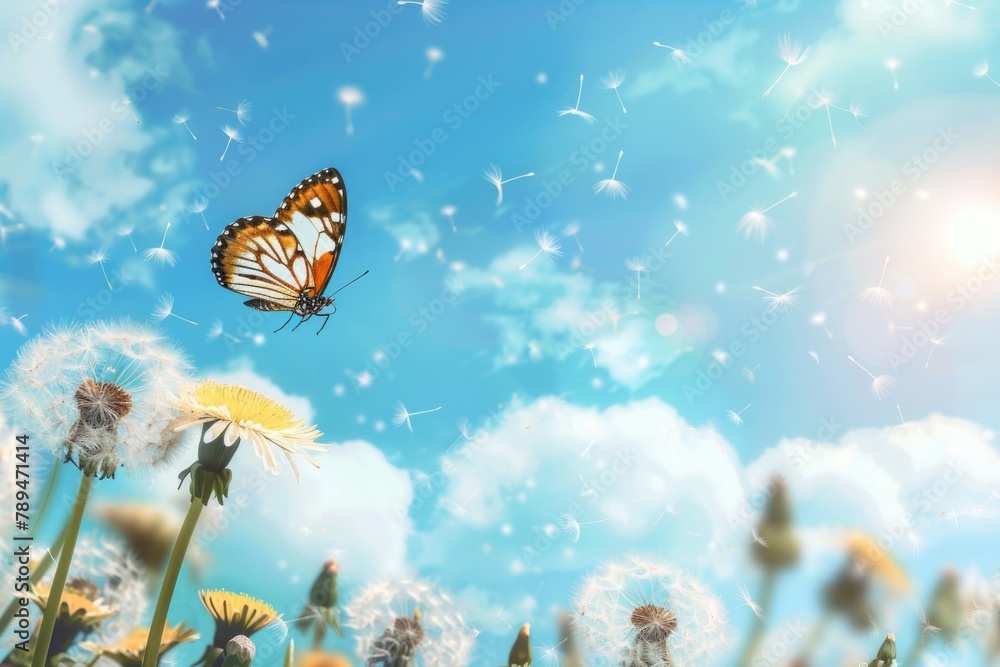 Poster Beautiful butterfly in a field of dandelions, ideal for nature concepts