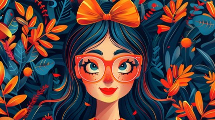 vibrant painting of a woman with oversized glasses and a playful bow in her hair, exuding confidence and style, Mother`s Day Background