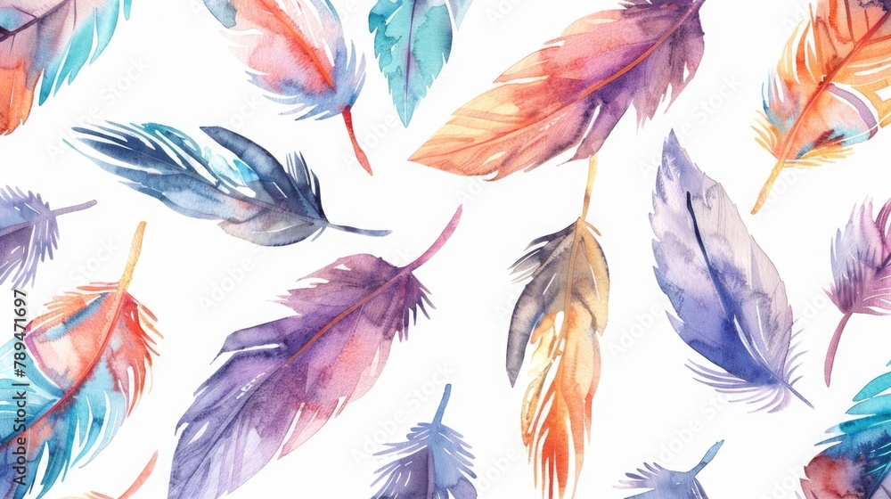 Poster colorful feathers arranged in a pattern on a white background. suitable for various design projects