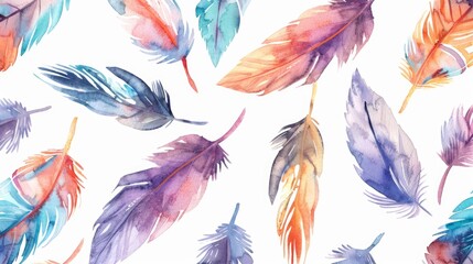 Colorful feathers arranged in a pattern on a white background. Suitable for various design projects
