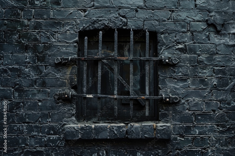 Poster a brick wall with a barred window, suitable for security or imprisonment concepts