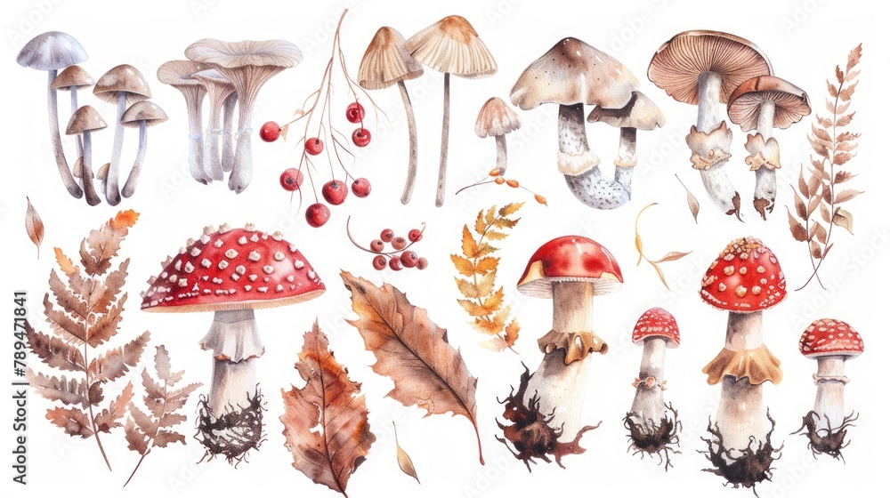 Poster group of mushrooms and leaves, versatile image for various projects