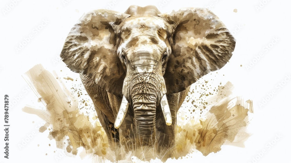 Poster majestic elephant with tusks walking through a vast field. suitable for wildlife and nature concepts