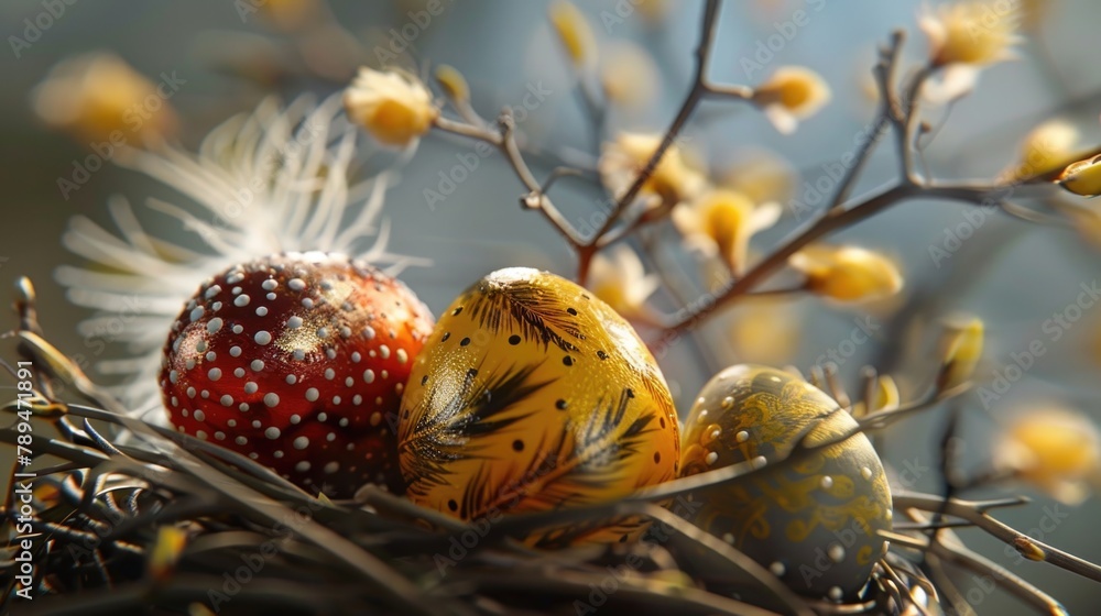 Poster Close up of a nest with eggs and flowers. Perfect for spring and nature concepts