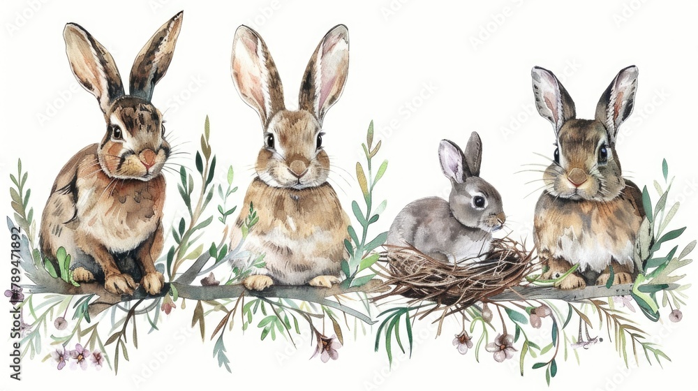 Aufkleber group of rabbits perched on a tree branch, suitable for nature and wildlife themes