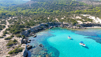 aerial pictures made with a dji mini 4 pro drone over Blue Lagoon, Cyprus.
