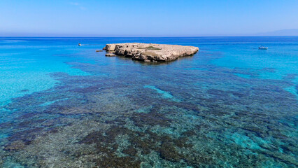 aerial pictures made with a dji mini 4 pro drone over Blue Lagoon, Cyprus.