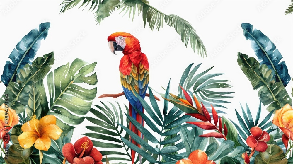 Poster a colorful parrot perched on a tree branch, surrounded by leaves and flowers. ideal for nature and w