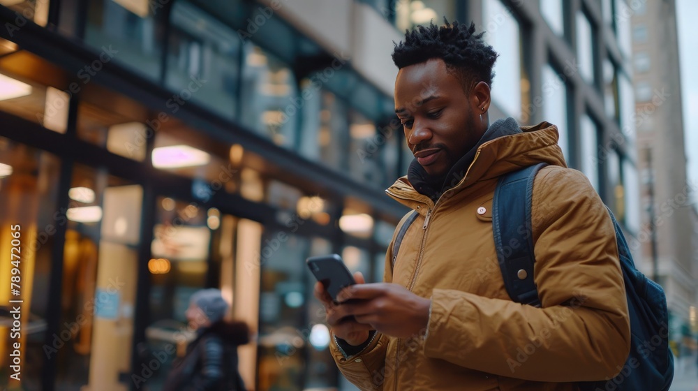 Poster An employee utilizing a mobile time tracking app on their smartphone while on the go. 
