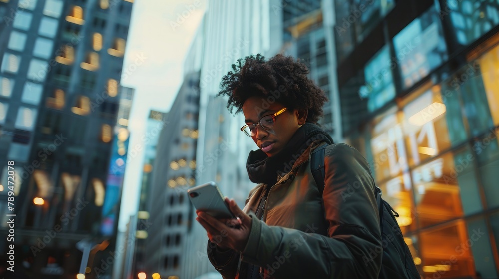 Poster An employee utilizing a mobile time tracking app on their smartphone while on the go. 