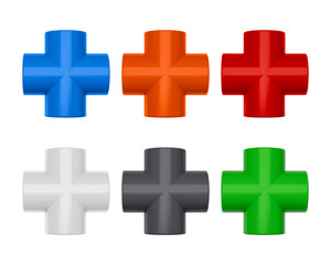 3D Set Of Colorful PVC Cross Pipes Fitting Plumbing Concept On White Background 3D Illustration