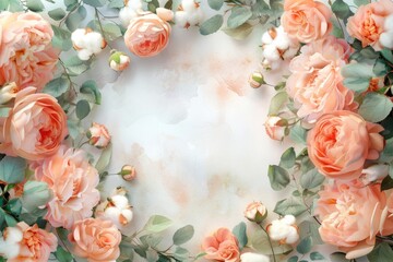 Beautiful wreath of peach roses and cotton flowers, perfect for wedding decor