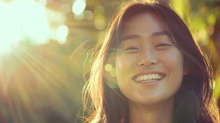 Sunlight Cascading Over a Cheerful Asian Woman's Beaming Smile - obrazy, fototapety, plakaty