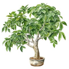 A watercolor painting of a bonsai tree with green leaves in a pot on a white background.