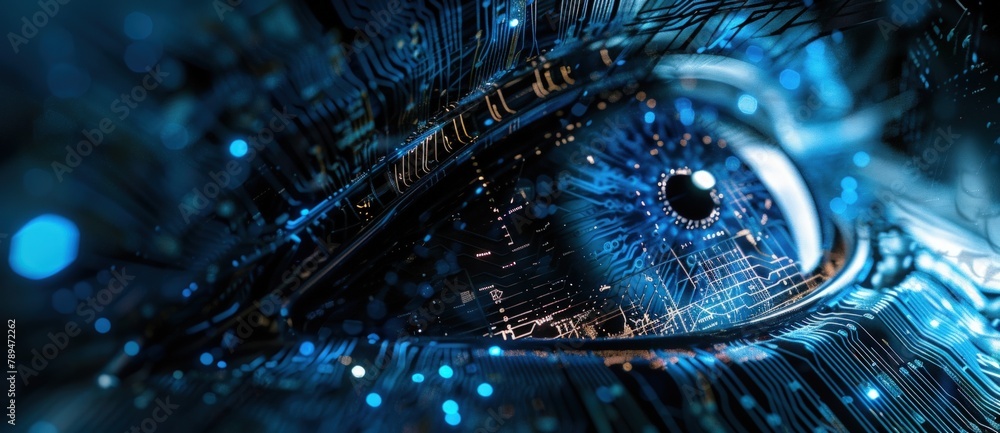 Poster 3d render of futuristic digital eye with circuit board. generate ai image