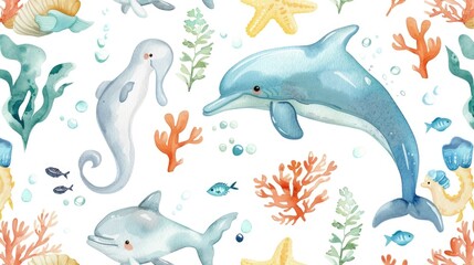 Group of dolphins and other sea creatures on a white backdrop. Perfect for marine-themed designs
